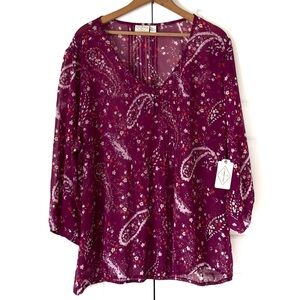 St Johns Bay Floral Blouse Womens 2X Purple Tunic Popover Sheer Chiffon V Neck